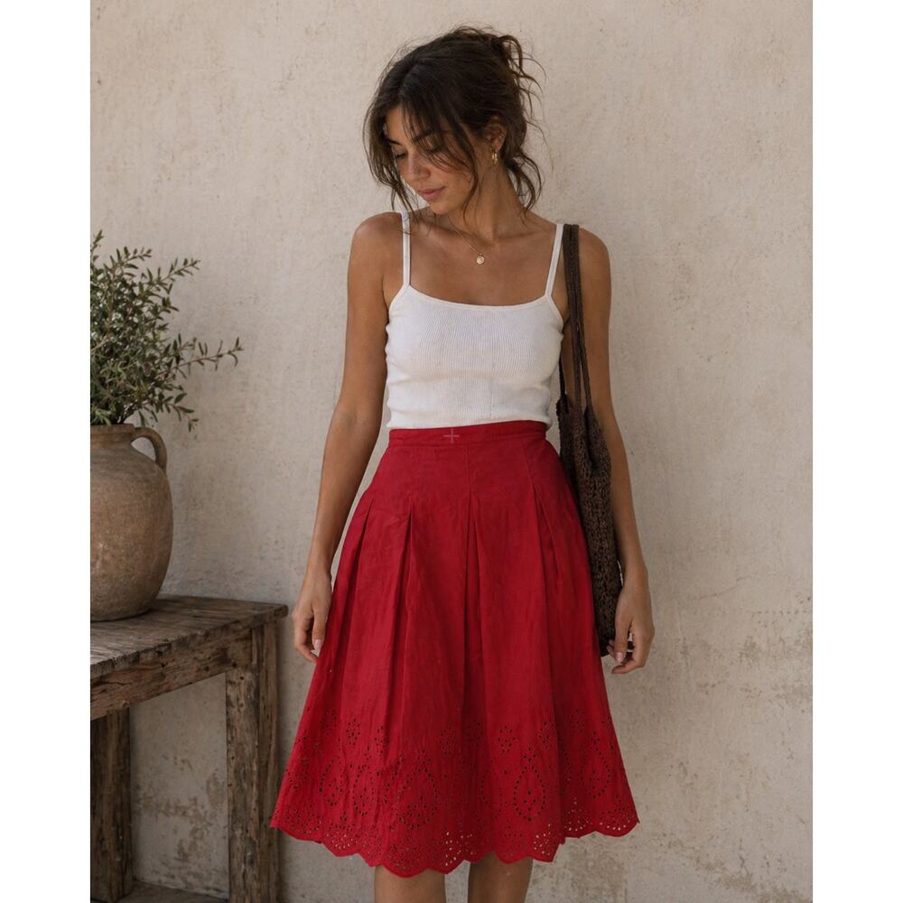 Red A-Line Eyelet Midi Skirt - Classic Women's Summer Skirt